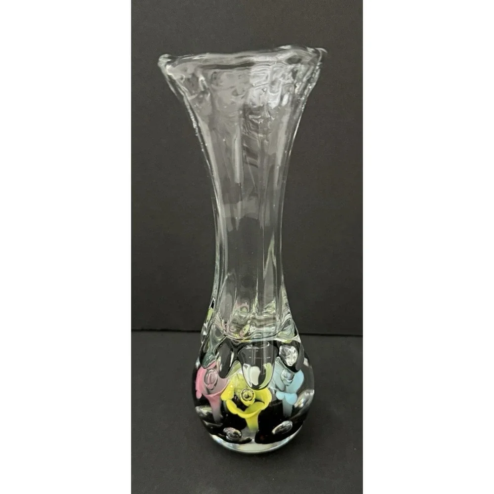 Vintage MCM St Clair Art Glass Bud Vase Pastel Flowers Handblown with Bubbles